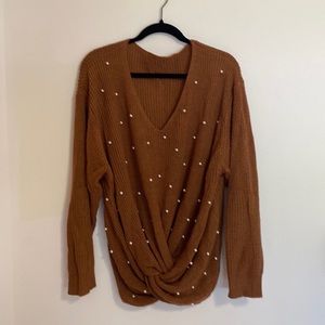 Burnt Orange Knit Sweater with Statement Knot